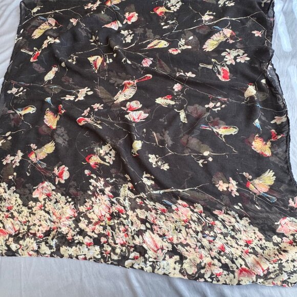Floral & Bird Print Sheer Black Scarf Wrap Lightweight - Picture 1 of 6